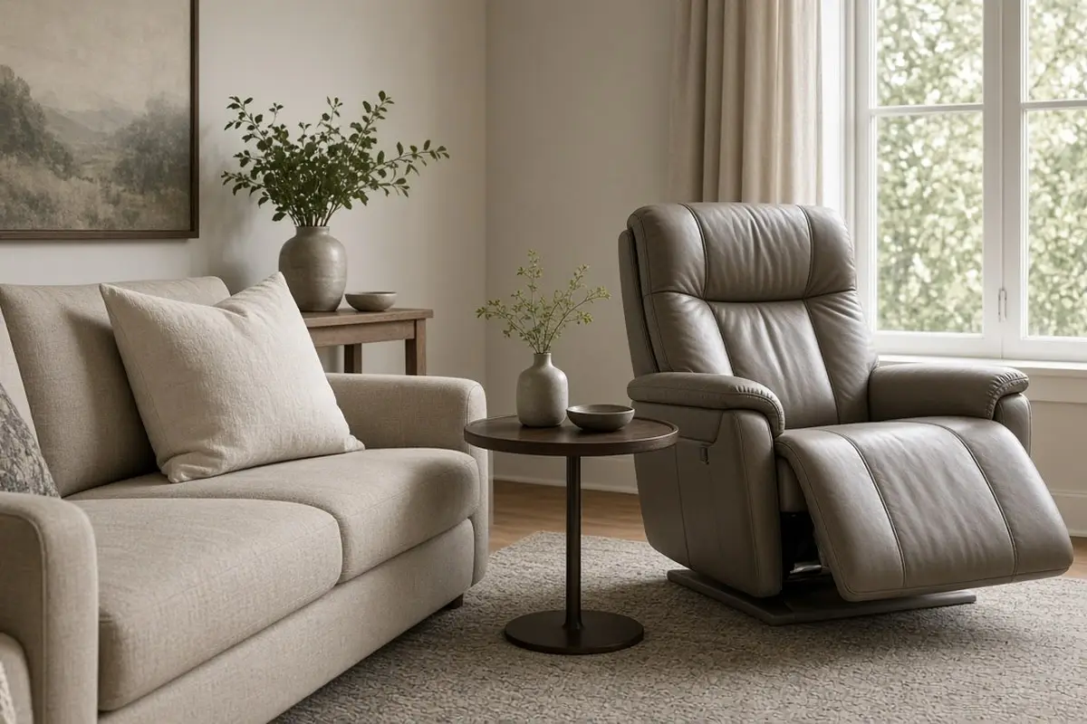 Recliner angled at the end of a sofa with a round side table between