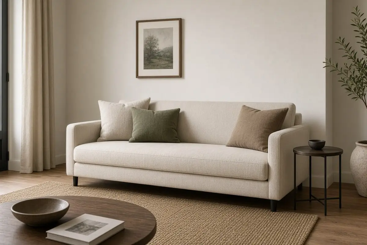 A 76 inch apartment sofa with slim arms against a short wall
