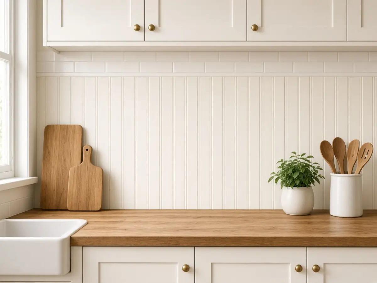 Cream beadboard filling the gap between a short tile backsplash and white upper cabinets