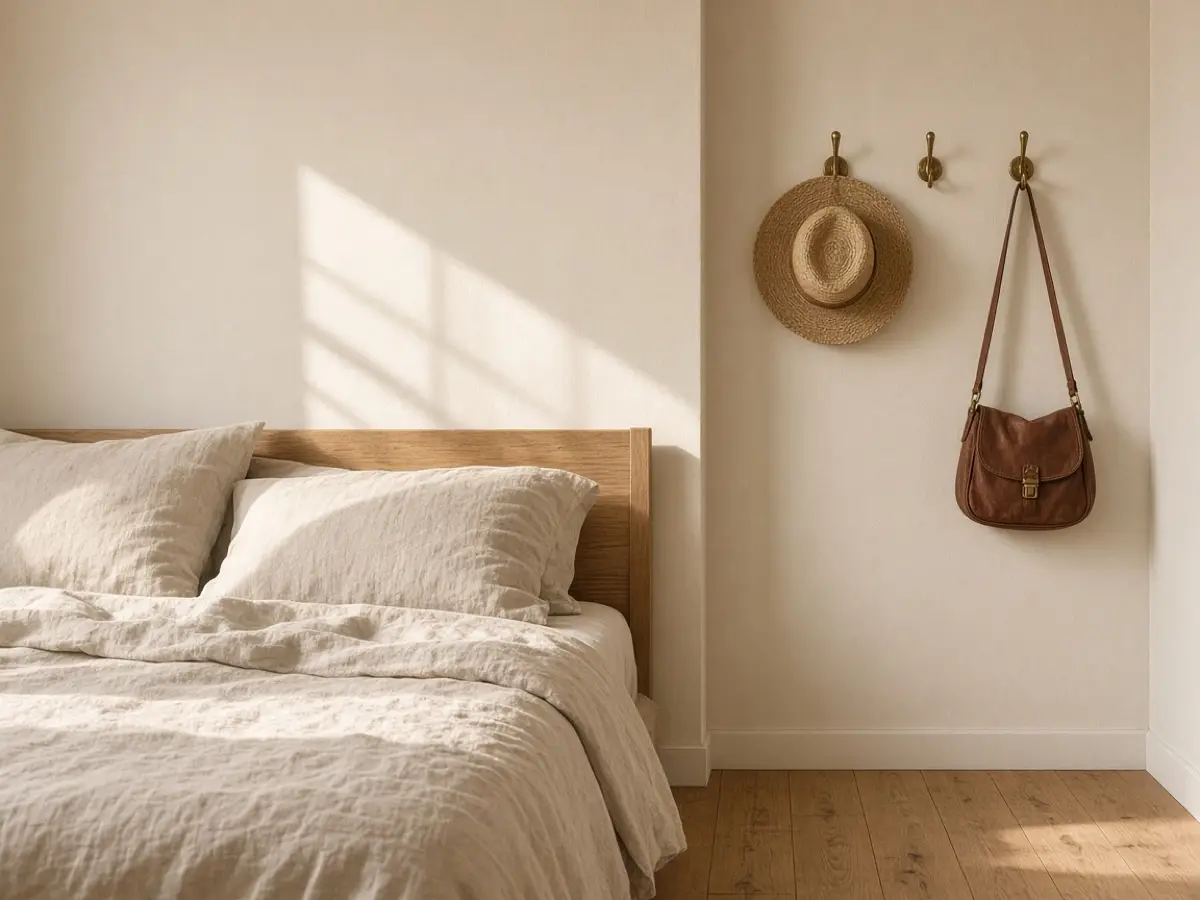 Three hooks on the wall beside a bed holding a hat and a bag