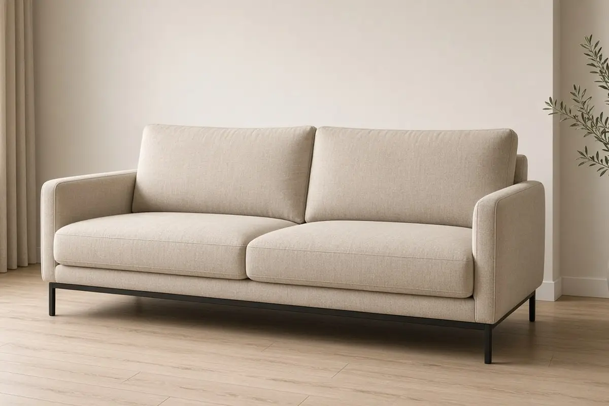 Beige sofa with slim black legs on a light wood floor