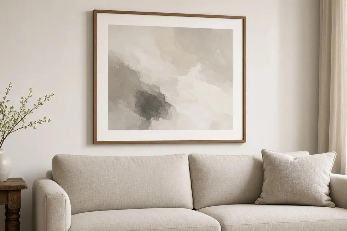 Large framed print with a wide mat above a sofa