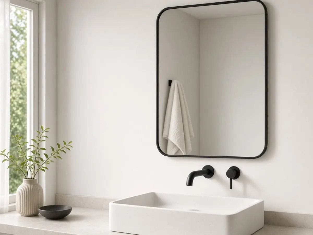 Matte black faucet and a black-framed mirror on warm white walls