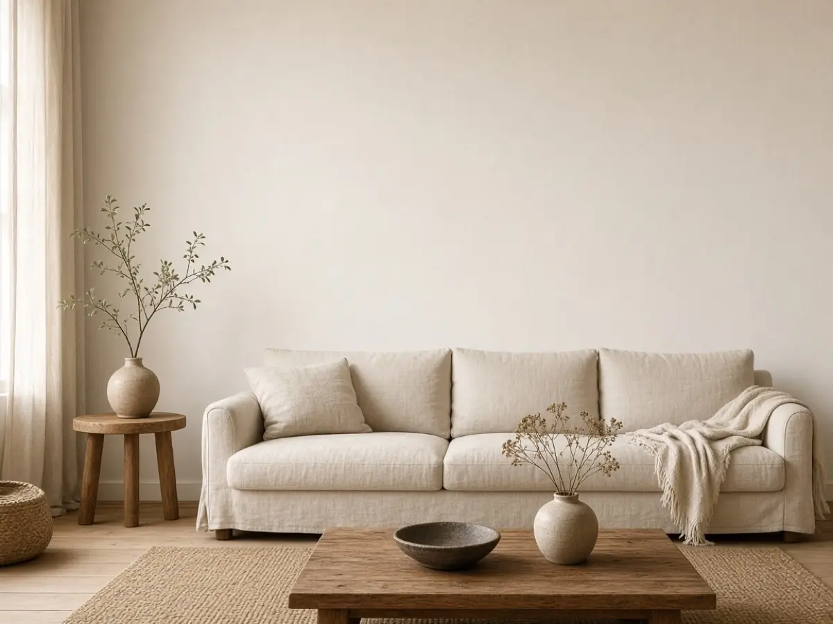 A calm empty wall opposite a sofa, left blank on purpose