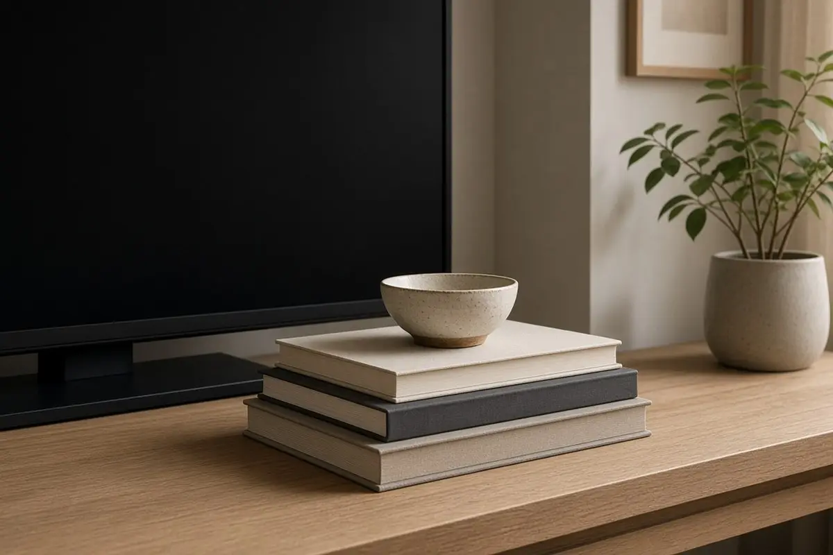 Short stack of books with a small bowl on top beside a TV