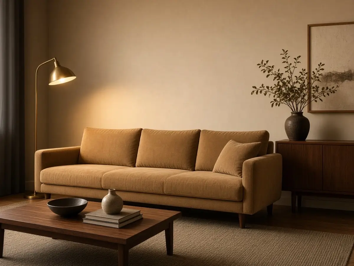 A camel sofa against a light beige wall, shaped by a nearby lamp