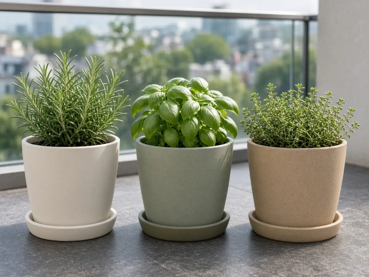 Three lightweight pots with herbs on a balcony floor, each in a saucer