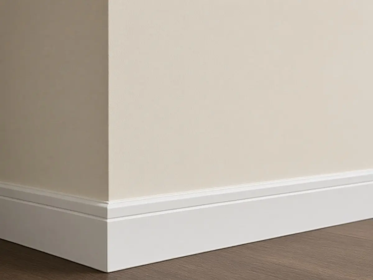 A thin bead of fresh caulk where a white baseboard meets the wall