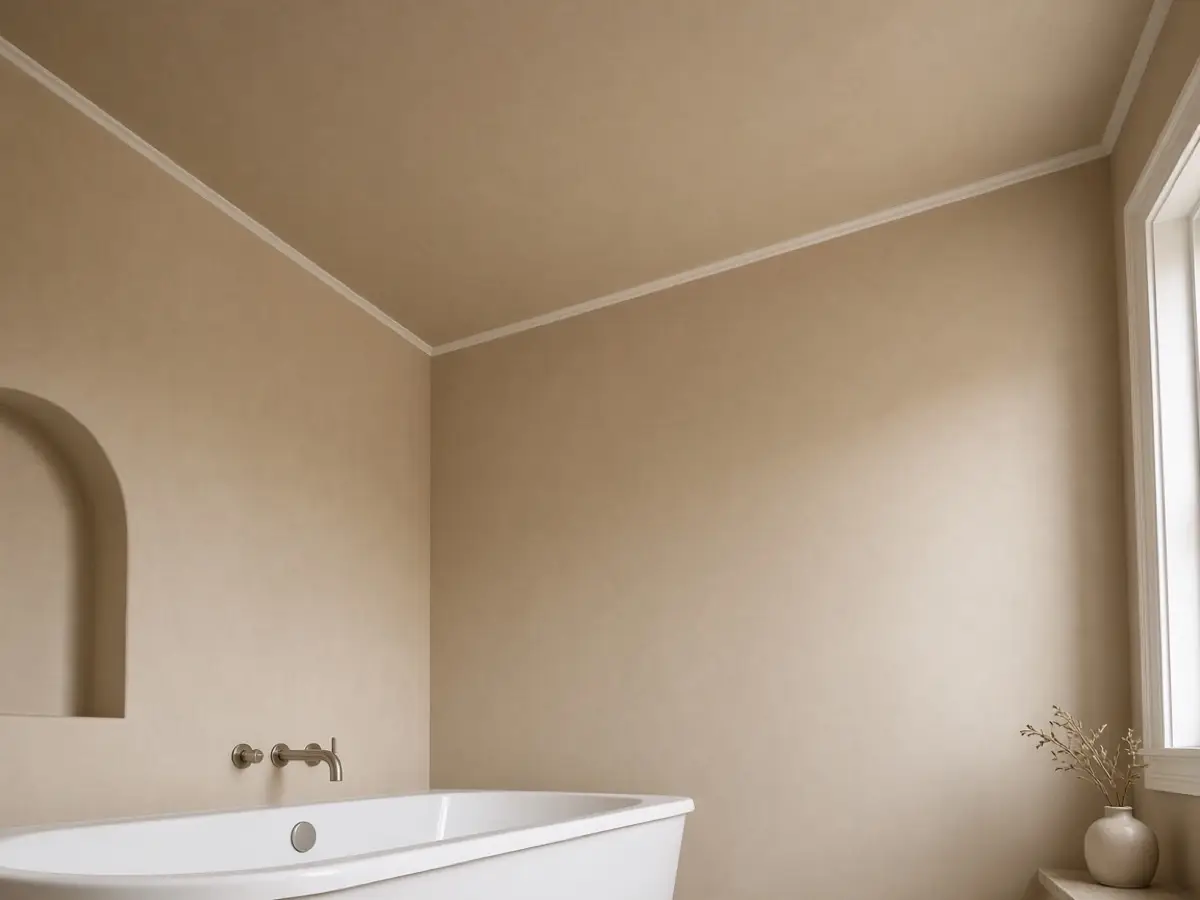 A bathroom ceiling painted the same soft sand as the walls