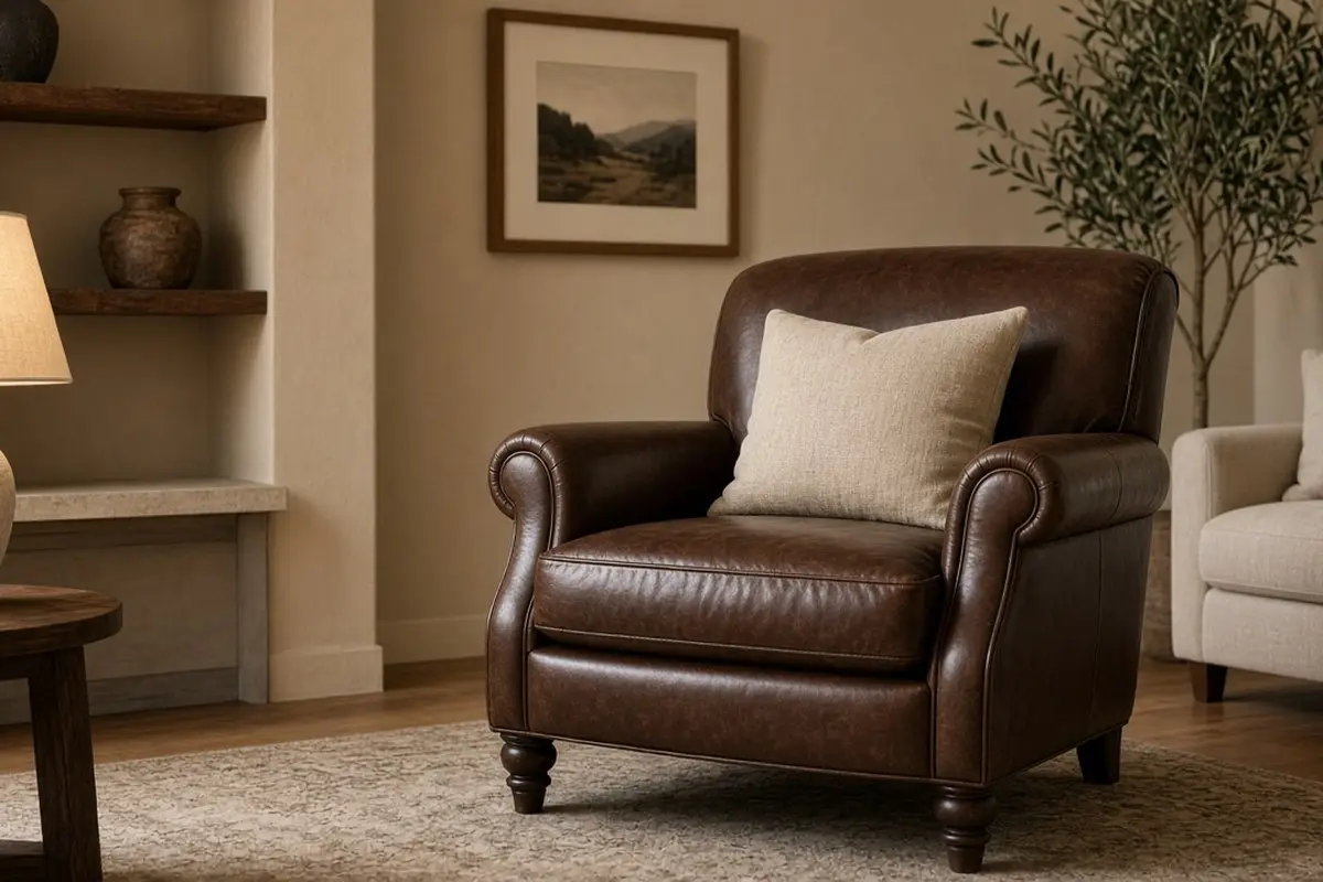 Chocolate brown leather chair in a warm beige living room