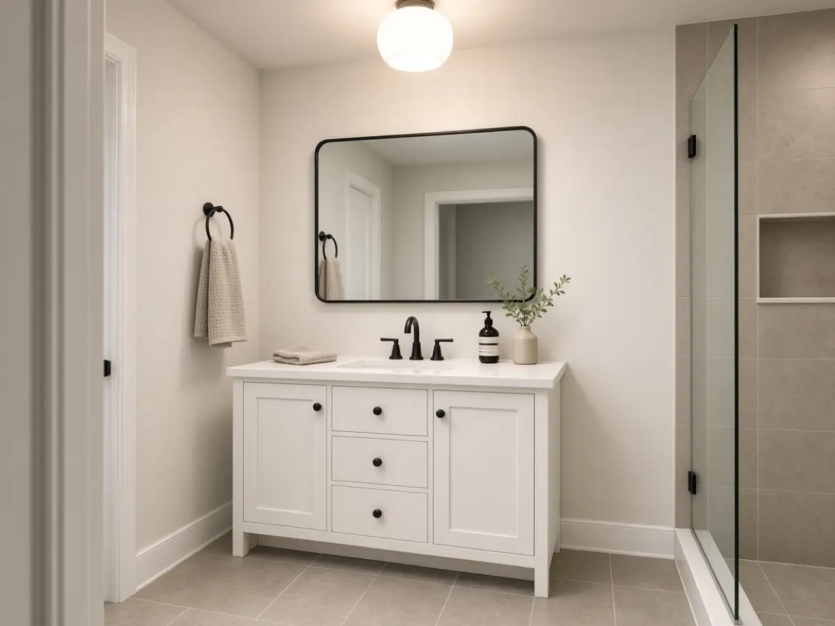 A clean ceiling globe in a small bathroom throwing light toward a white vanity wall