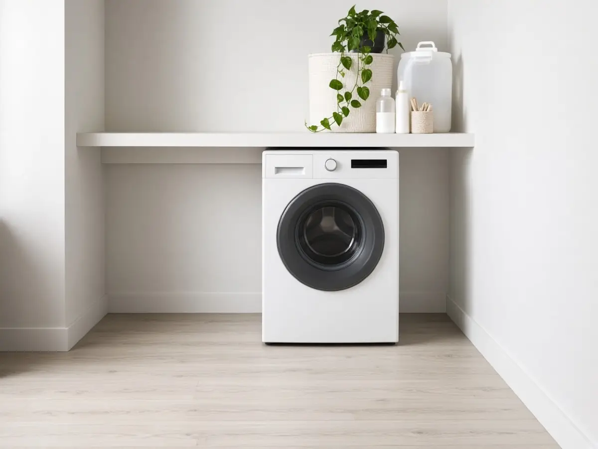 A clear floor in front of a washer, with supplies up on the shelf