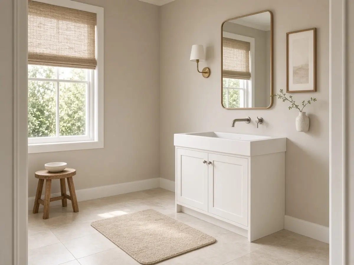 A powder room floor with a small rug and a clear path to the sink