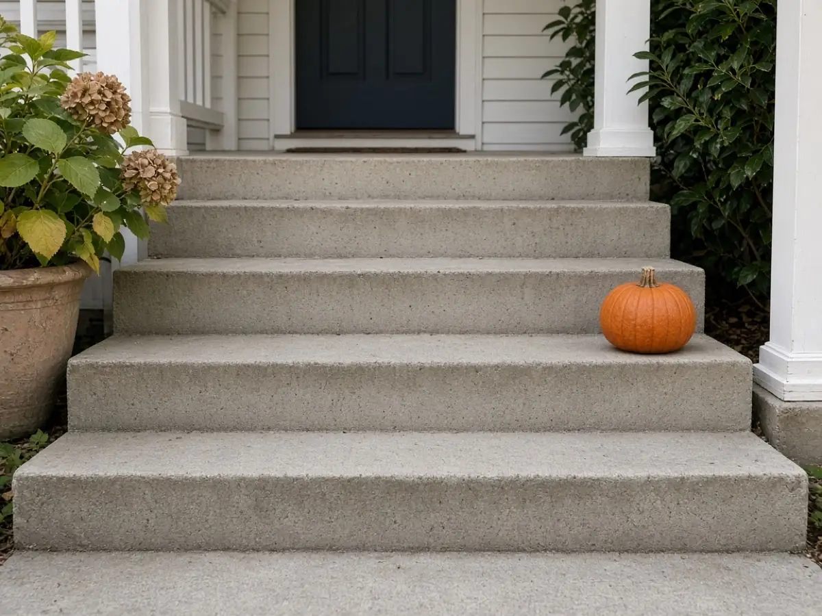 A clear center path up porch steps, pumpkin set off to the side