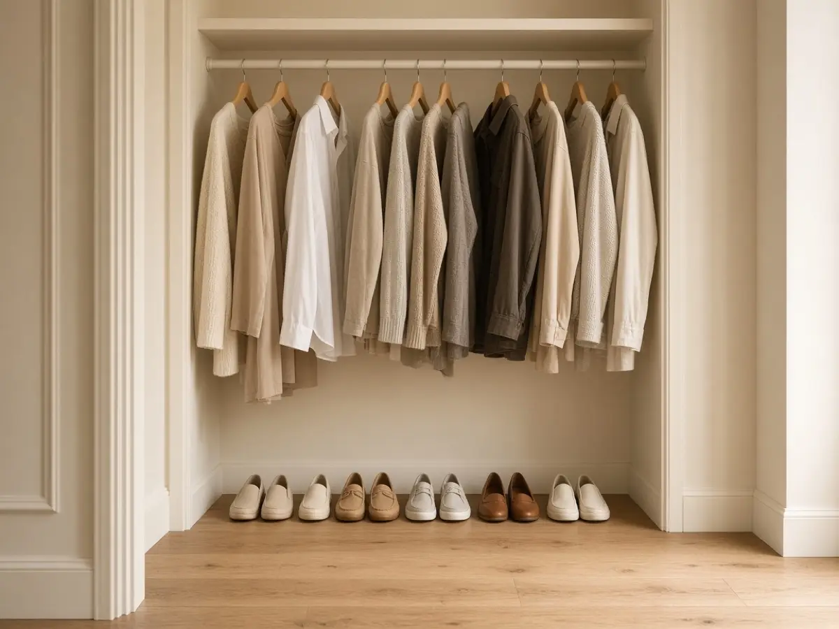 A bedroom closet floor cleared to one row of shoes, with hanging clothes above