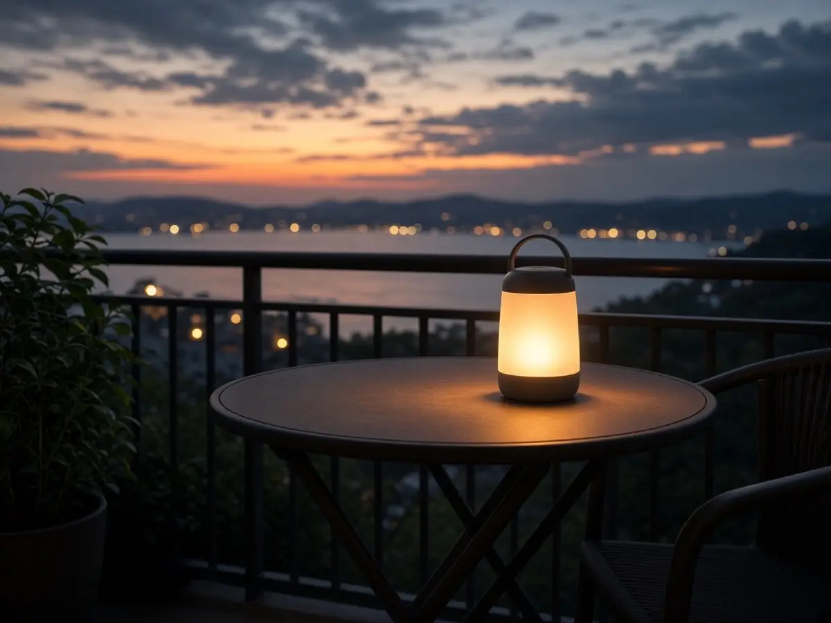 A small rechargeable lantern on a folding balcony table at dusk