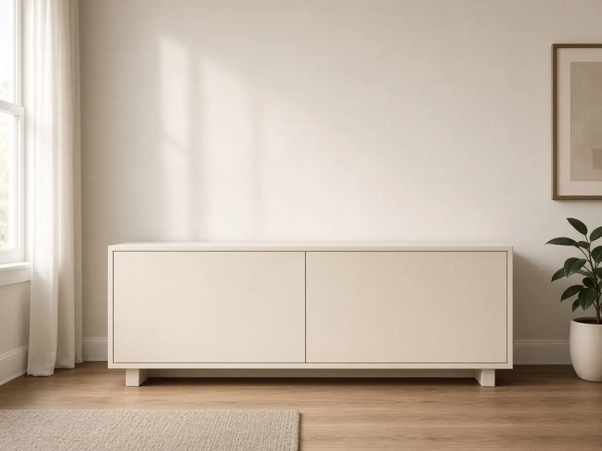 A low closed cabinet in the same cream tone as the apartment wall