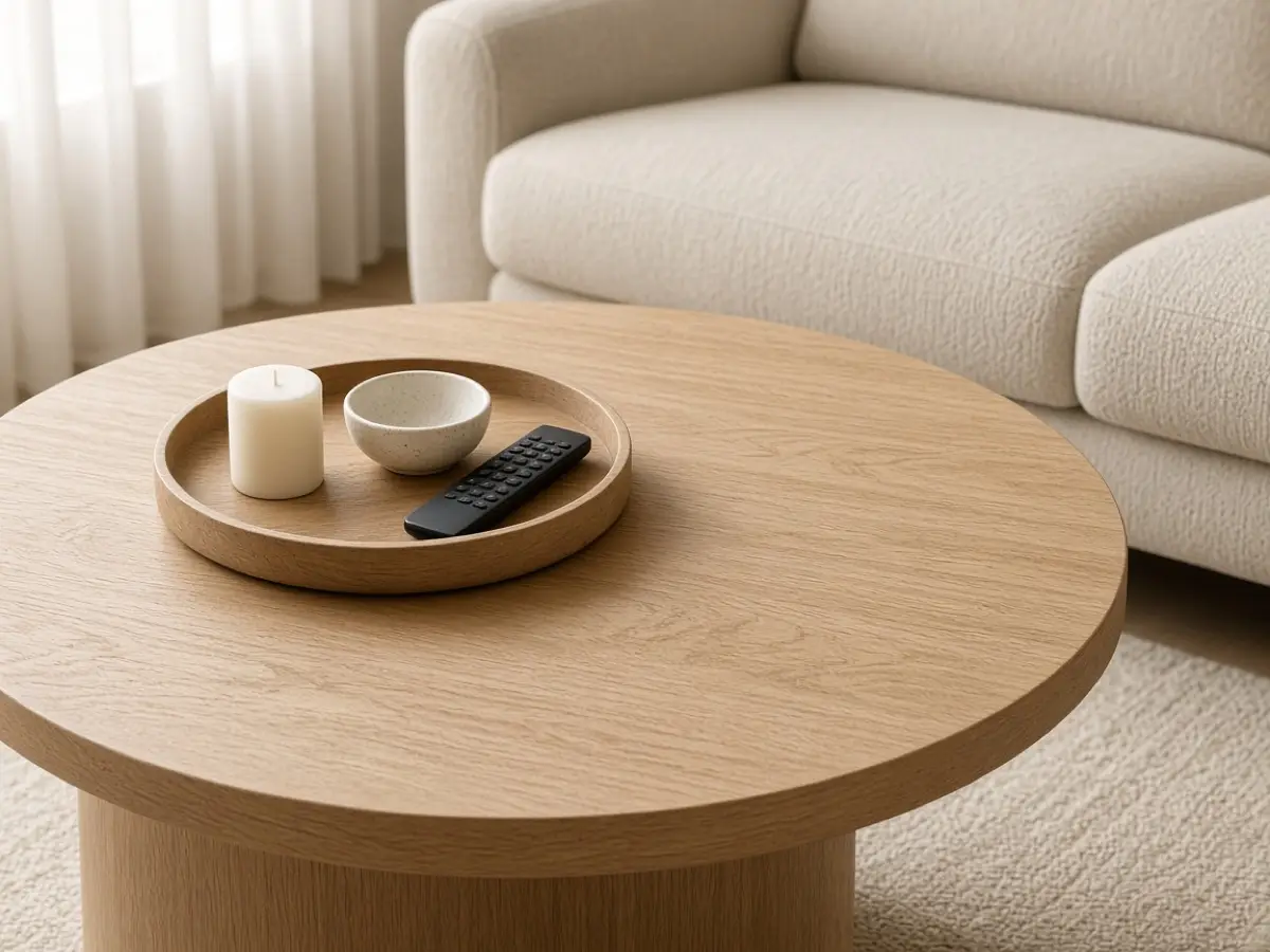 A wood tray on an oak table with a candle, a bowl, and a remote
