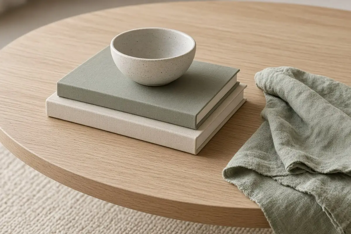 A round oak coffee table with two plain books, a ceramic bowl, and a sage linen napkin