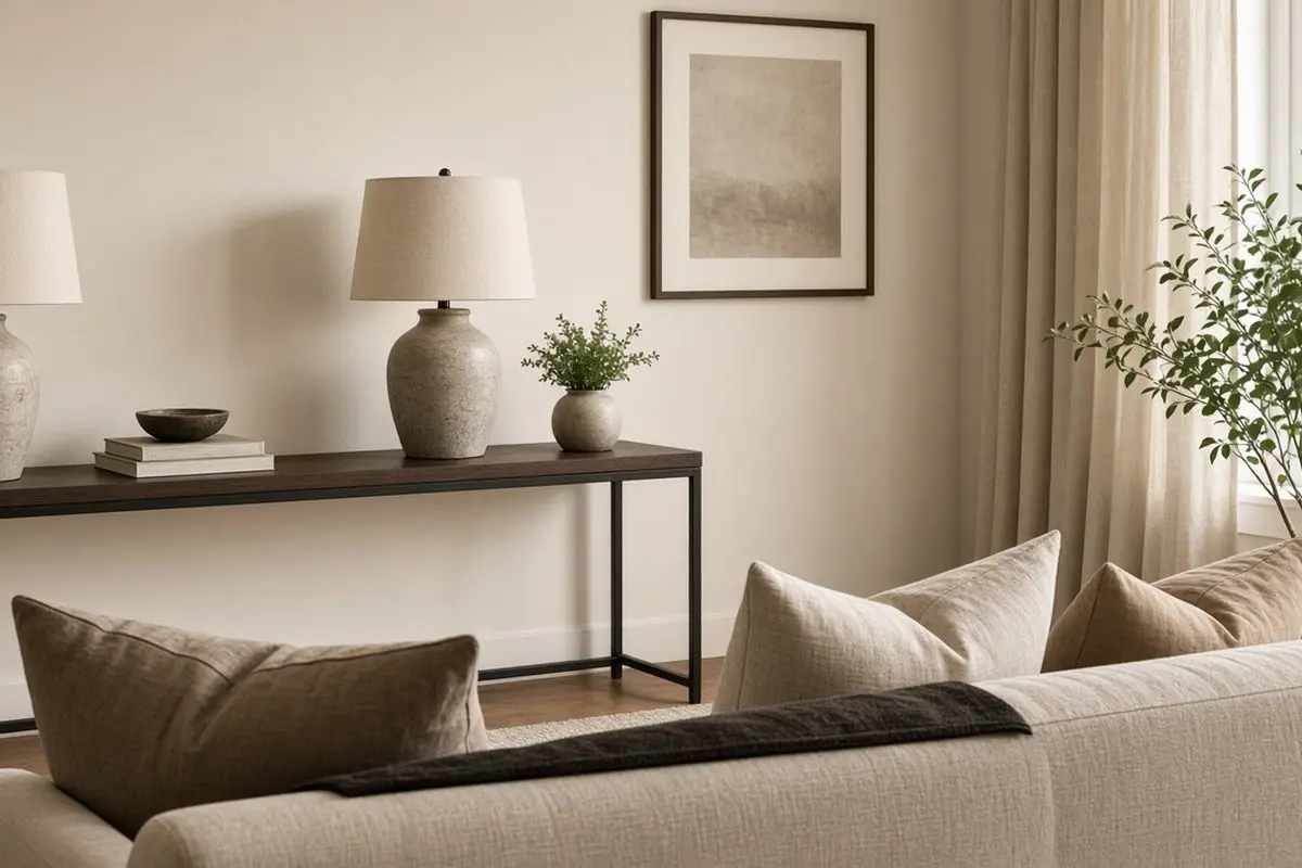 Narrow console with lamps behind a floating sofa