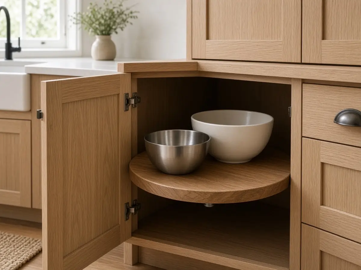 A corner cabinet with a wood turntable holding mixing bowls