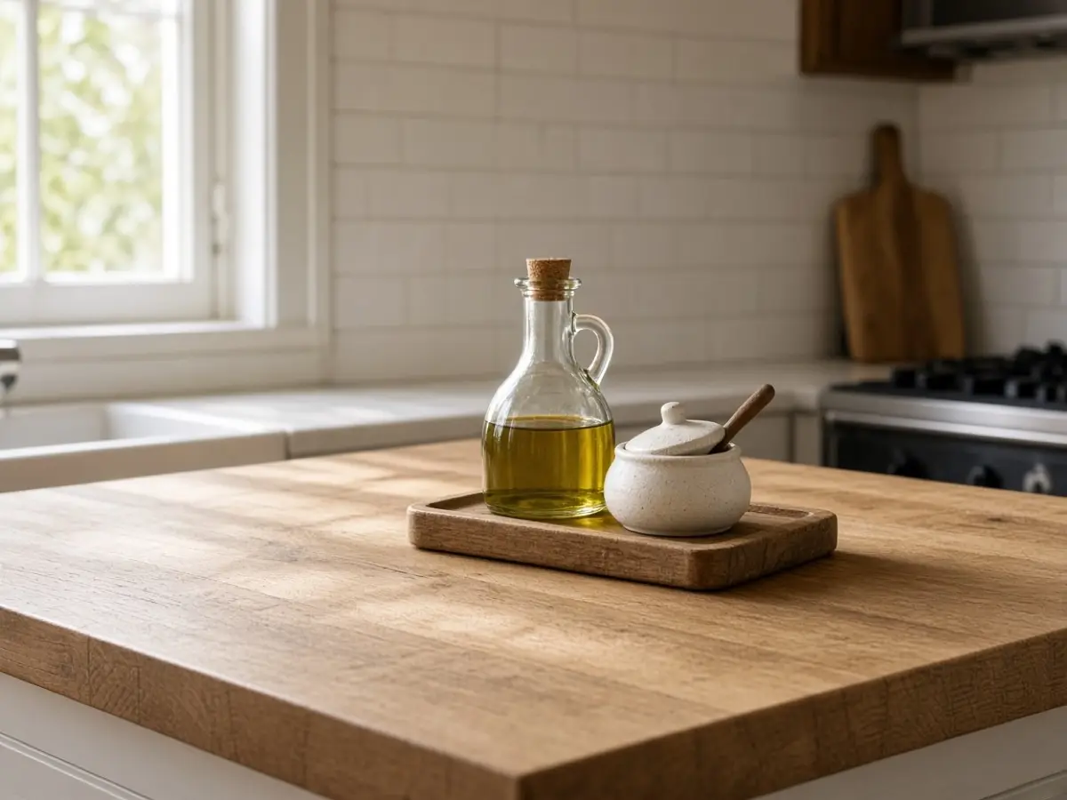 A small wood tray at the back of a kitchen counter with oil and salt