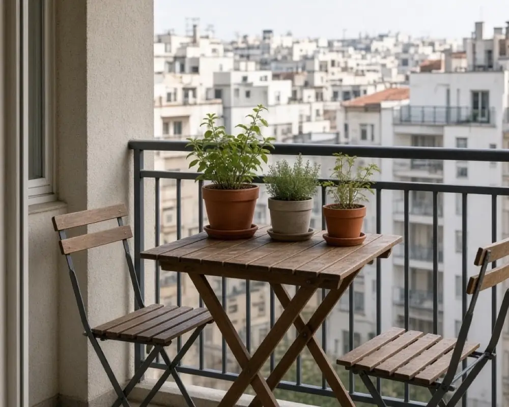 A small rental balcony with a folding table, two chairs, and pots in trays
