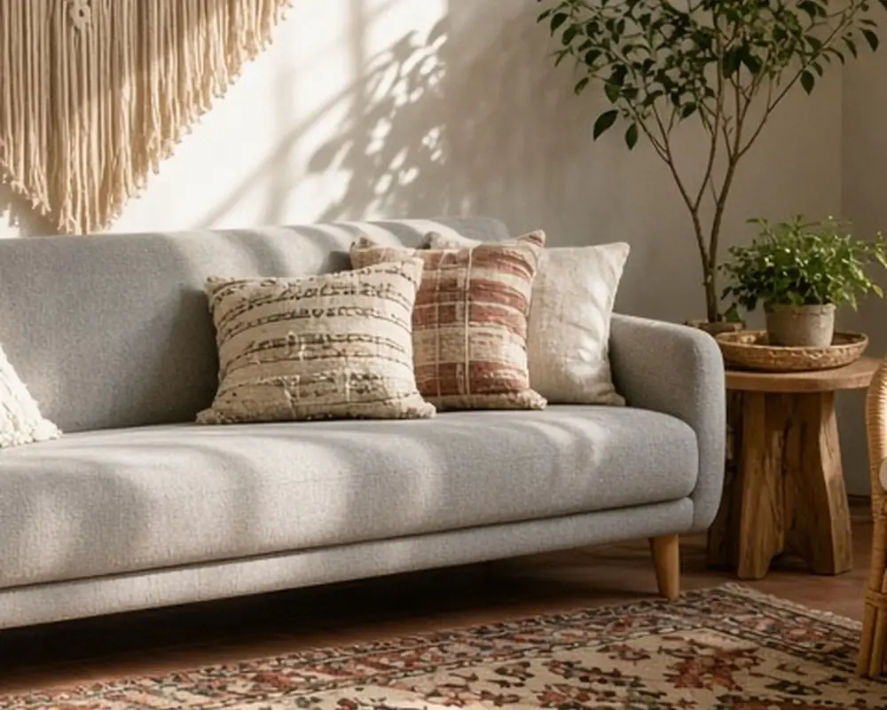 An illustrated boho living room with a gray sofa, layered rugs, rattan accents, and plants