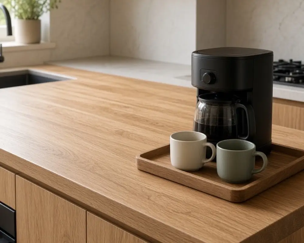 A kitchen coffee tray at the end of an oak counter, with a small machine and two mugs