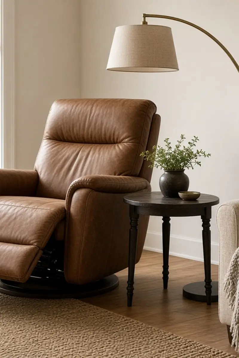 A living room with a tan leather recliner angled by a window, a side table, and a floor lamp