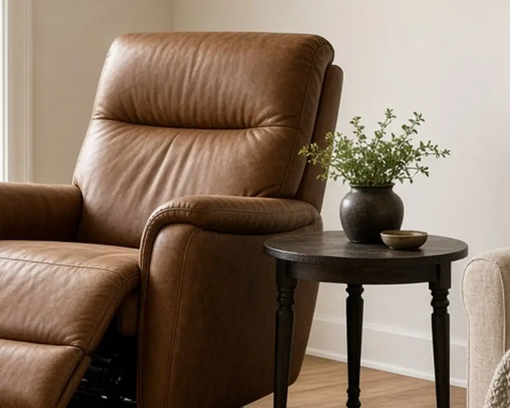 A living room with a tan leather recliner angled by a window, a side table, and a floor lamp