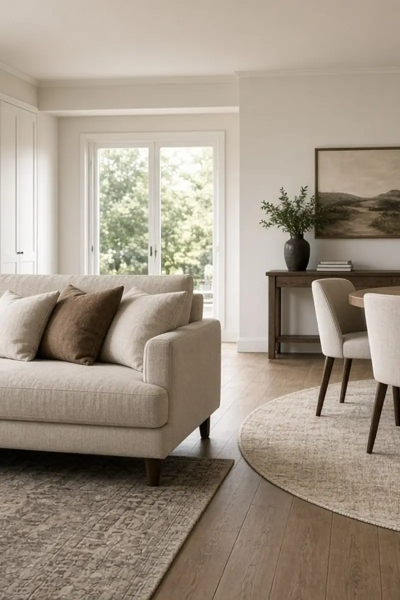 An open living and dining room divided by a sofa back, two rugs, and a pendant over the table