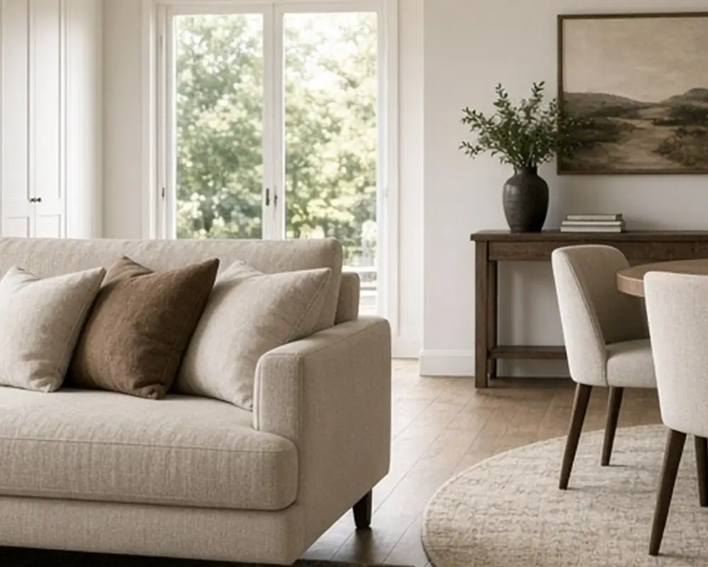 An open living and dining room divided by a sofa back, two rugs, and a pendant over the table