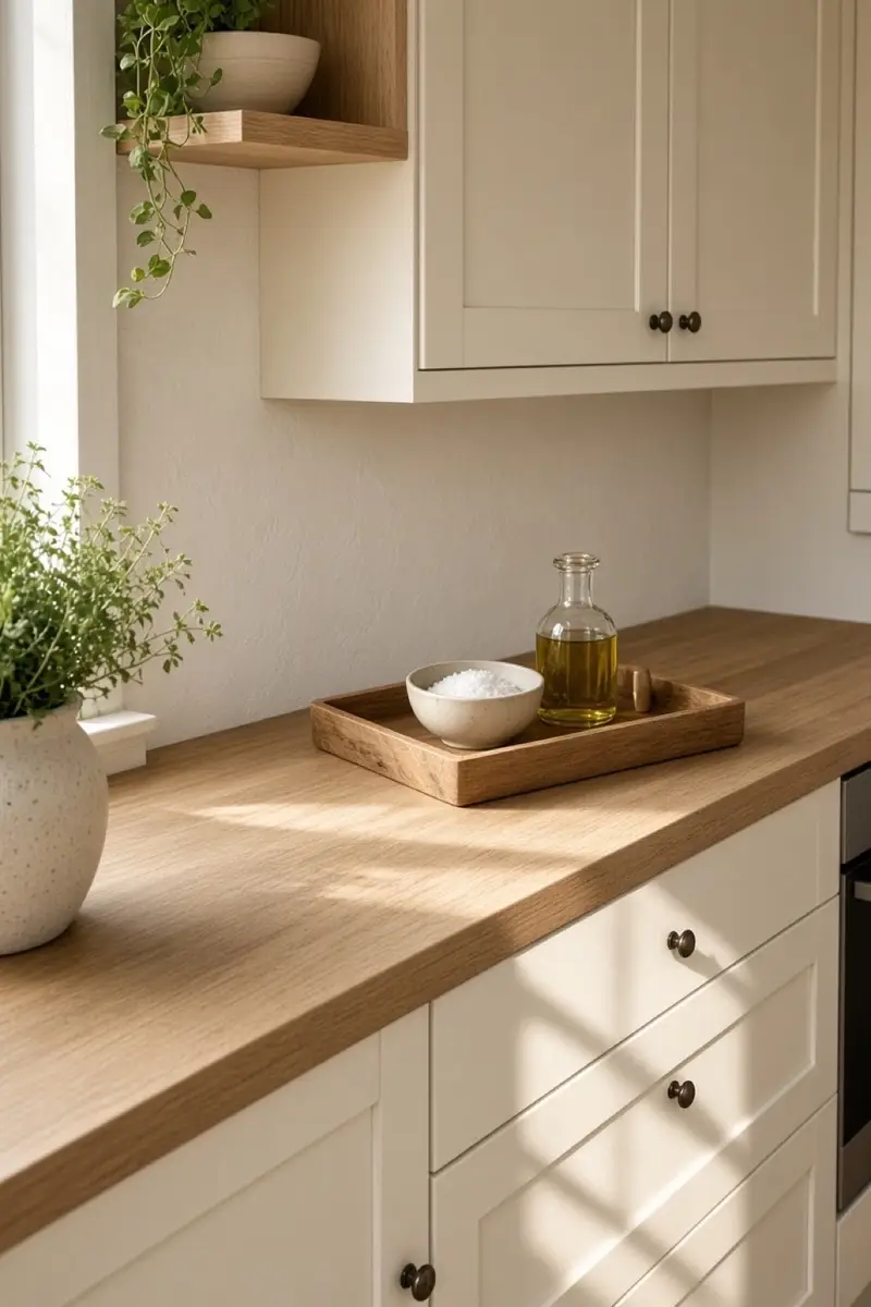A small kitchen with a clear oak counter, open drawers, and a tray of daily tools