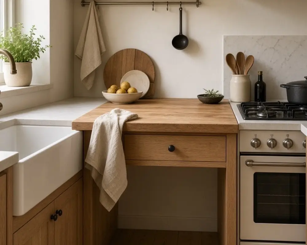 A tiny kitchen with a clear prep counter between a sink and a small stove