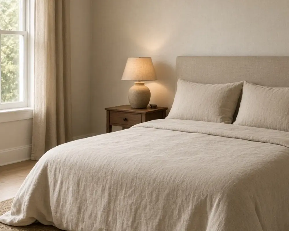 A calm guest bedroom with a made bed, a clear floor, and one lamp