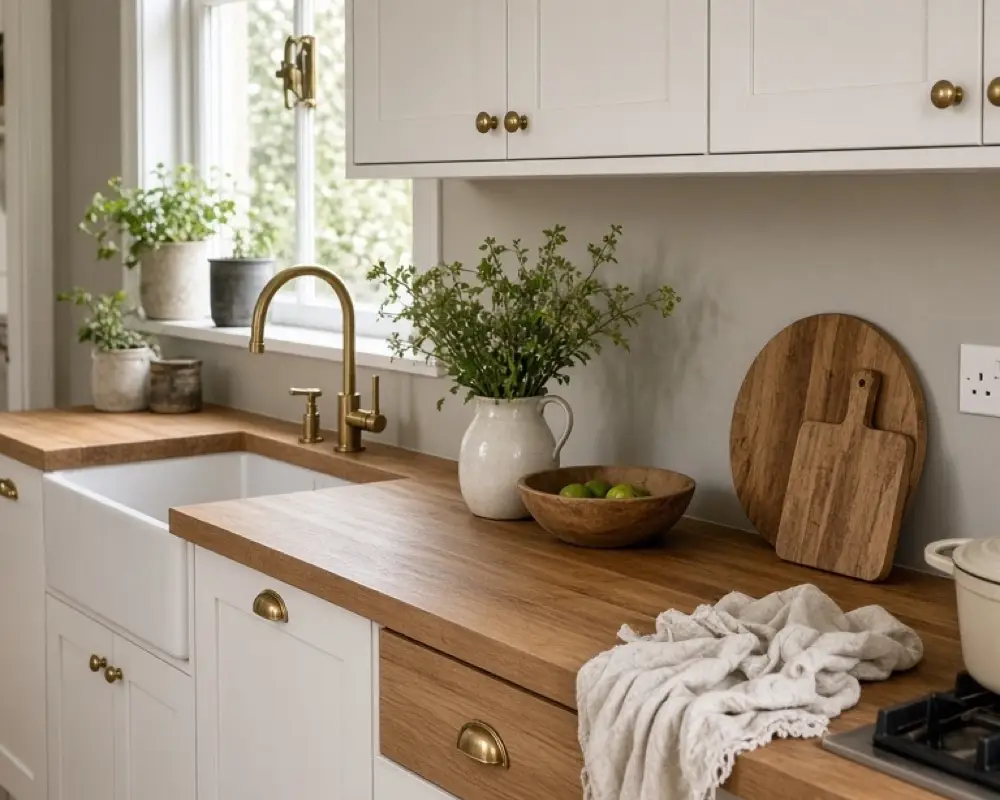 A warm kitchen wall with a painted backsplash band, oak counters, and a simple rail