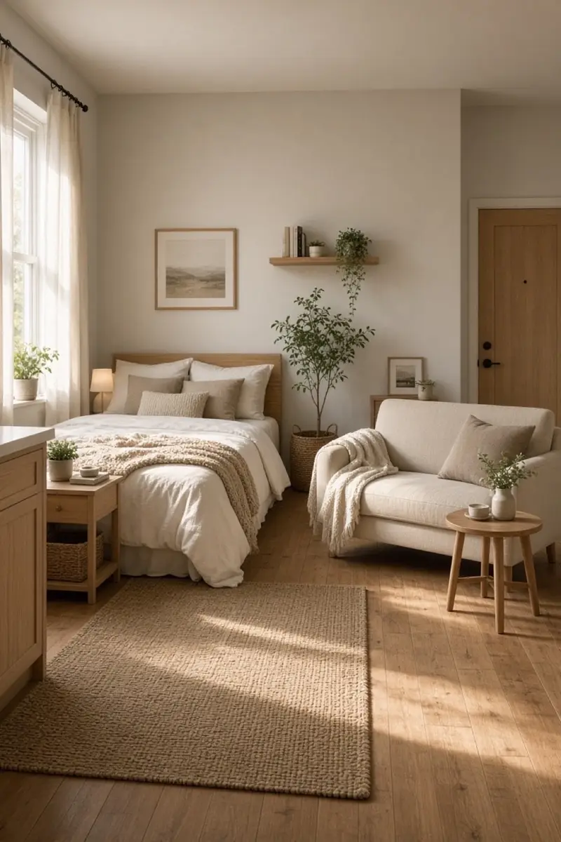 A studio with a bed against the far wall and an open path to the door