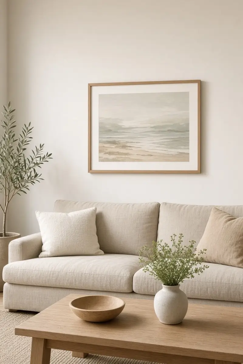 A living room wall with one framed print hung level above a sofa