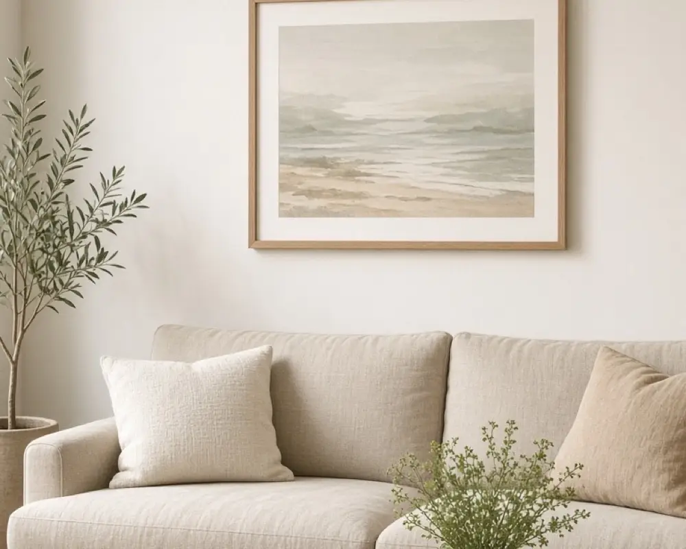 A living room wall with one framed print hung level above a sofa