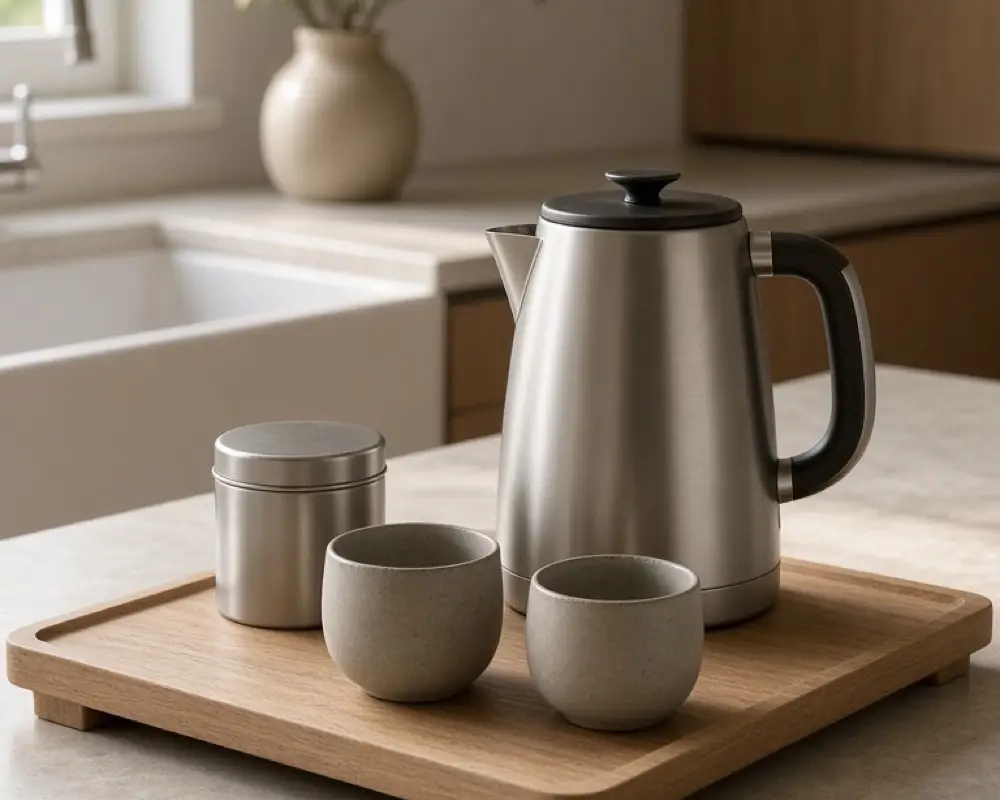 A small tea tray with a kettle, a tin, and a cup that is not a mug
