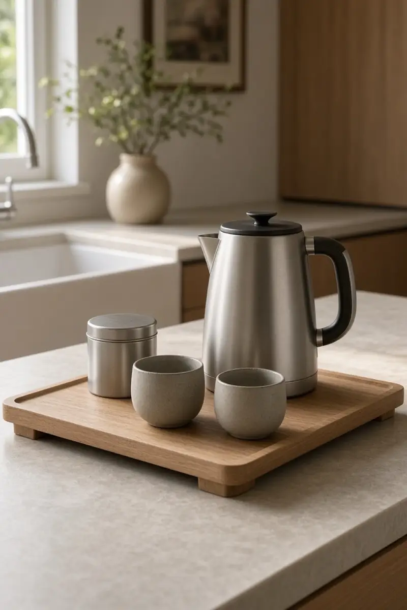 A small tea tray with a kettle, a tin, and a cup that is not a mug