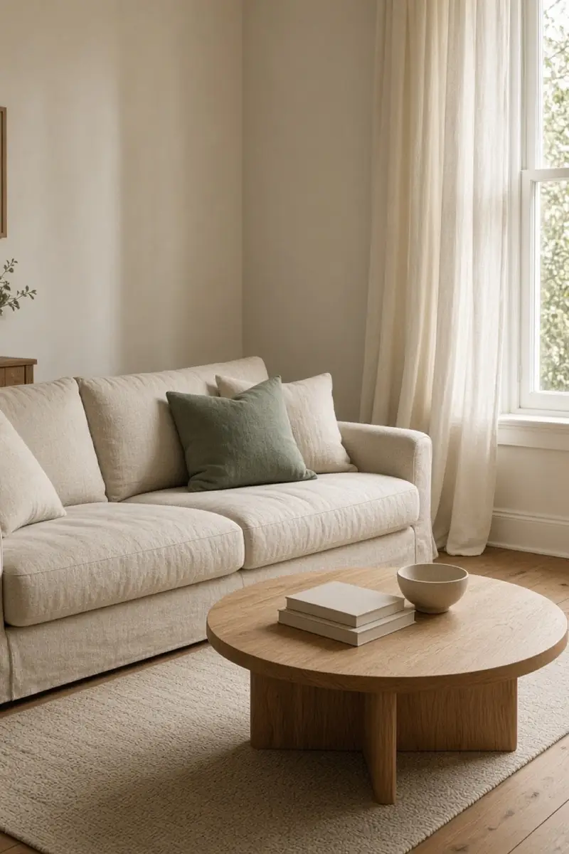 An oatmeal sofa turned toward a bright window, with a round oak table and one sage pillow