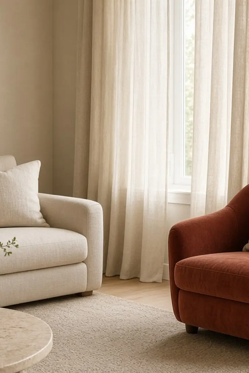 An illustrated beige living room with a deep brown sofa, cream rug, and a single rust pillow