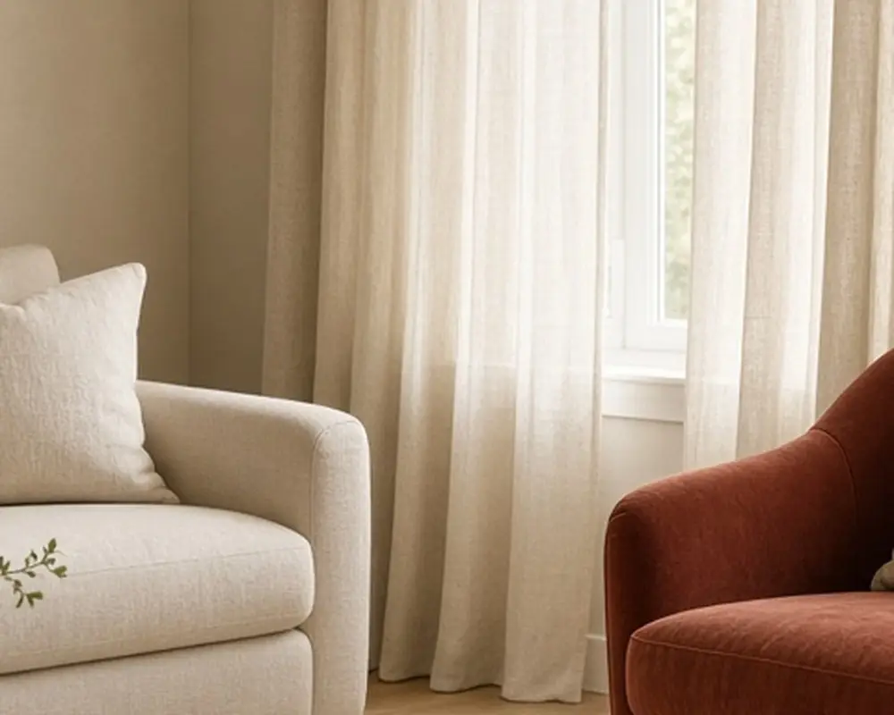 An illustrated beige living room with a deep brown sofa, cream rug, and a single rust pillow