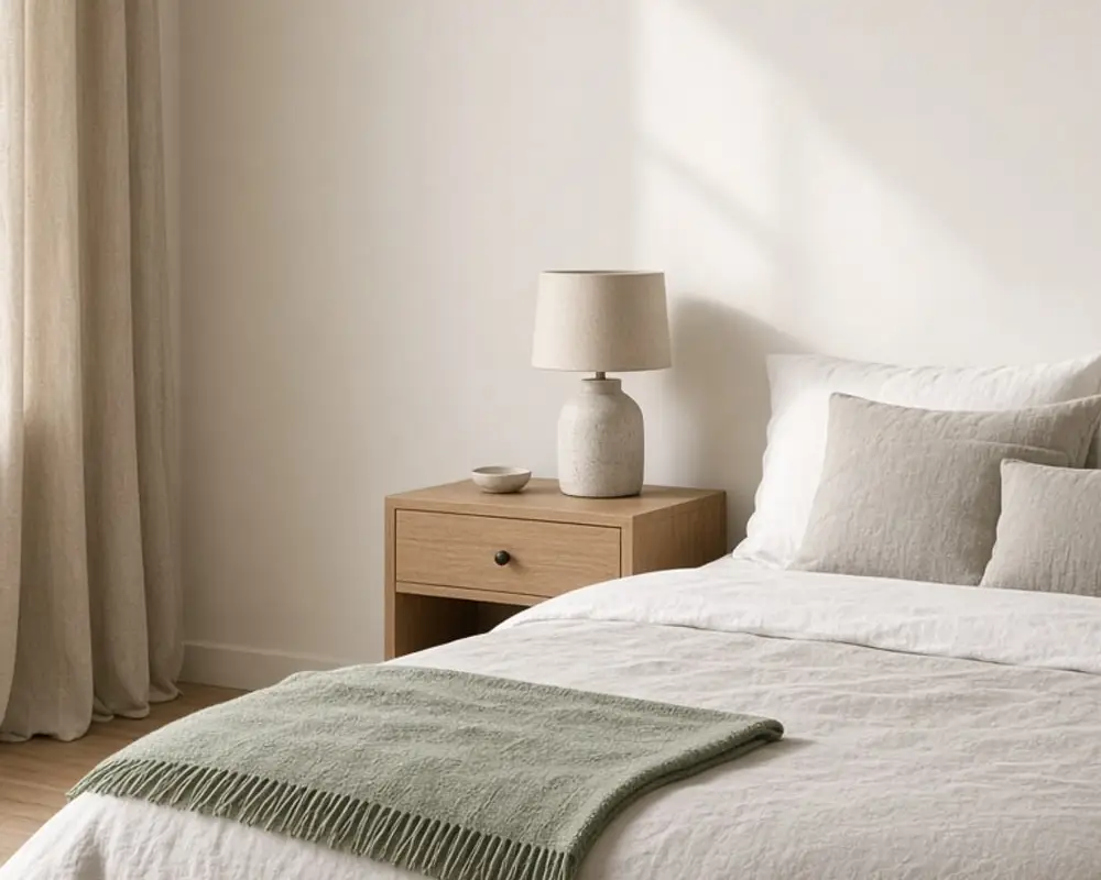 A small bedroom with white and warm gray linen, a sage throw, and a simple oak nightstand