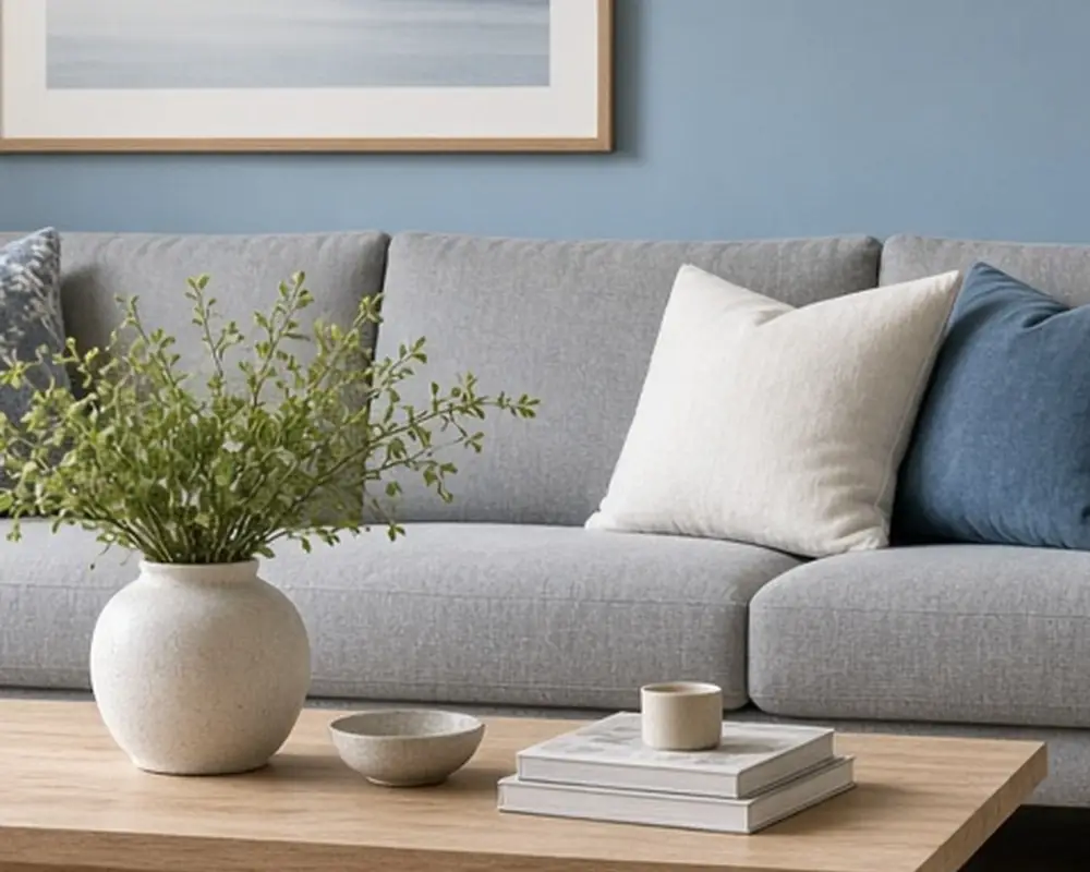 An illustrated living room with blue gray walls, a gray sofa, an oak table, and a warm floor lamp
