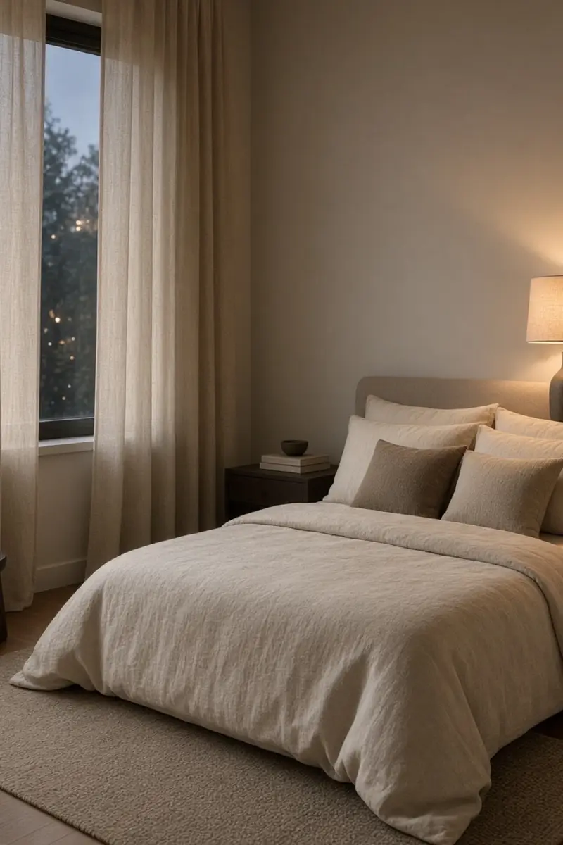 A calm bedroom with warm greige walls, cream bedding, and linen curtains