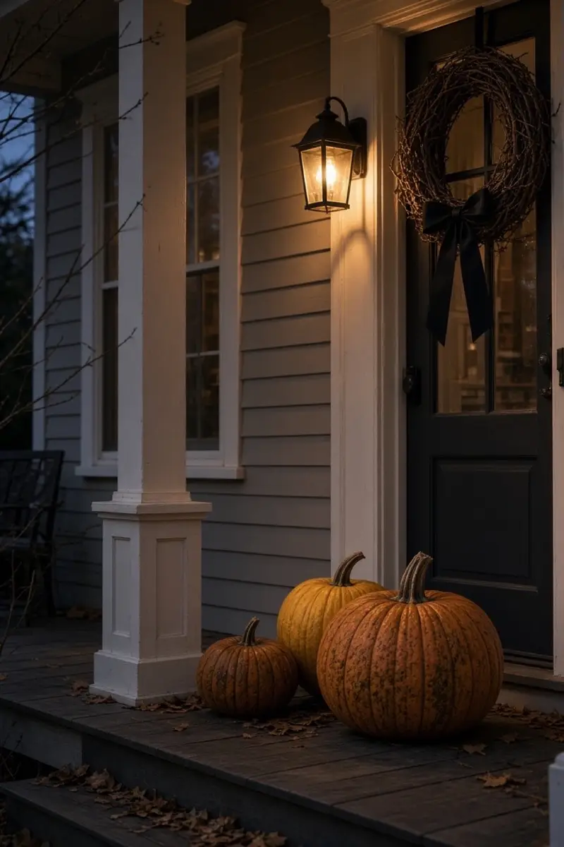 A front porch with three pumpkins, a warm light, and a plain black ribbon