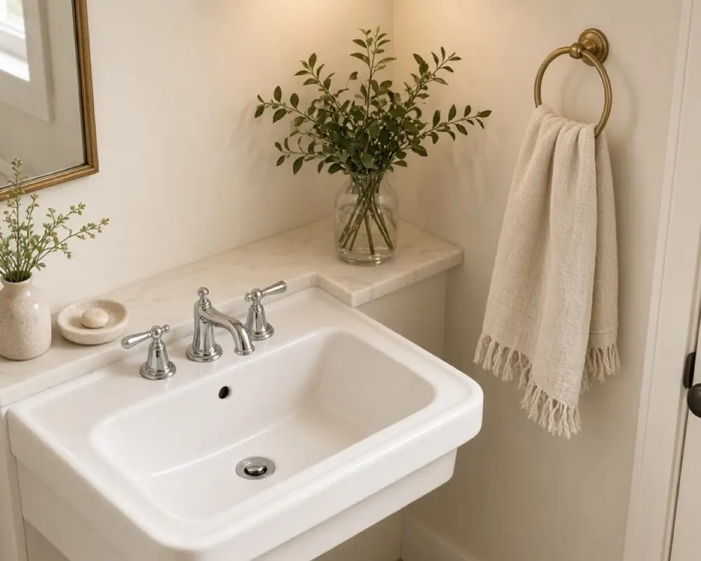 A small powder room with a white sink, a hand towel, and warm light